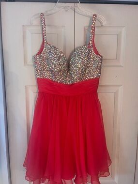 La Femme Red Sequin Bodice Chiffon Mini Dress